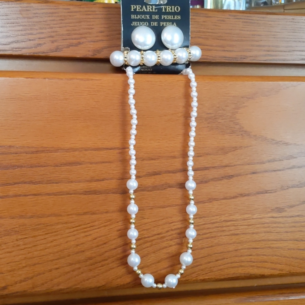 Pearl Trio, earrings, hair clip and necklace